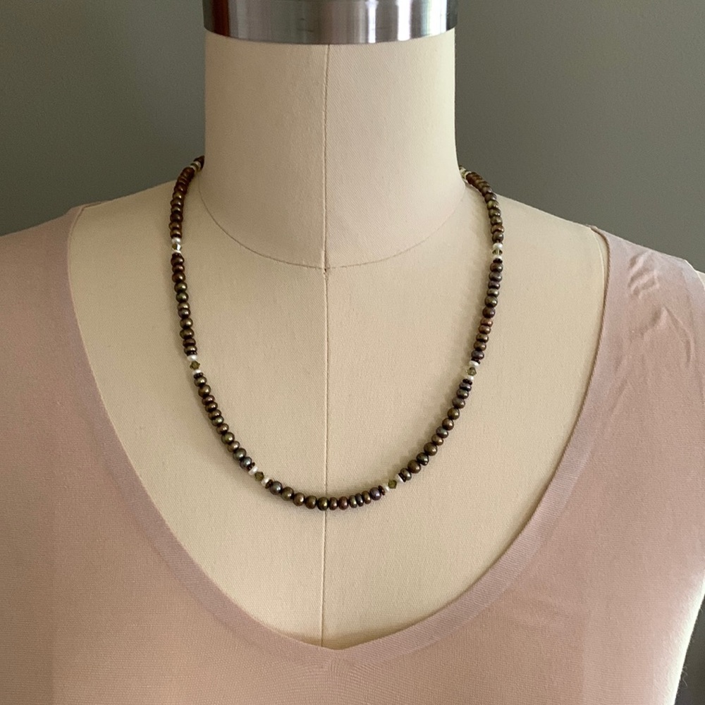 20” necklace hand strung gold, green, & bronze colored beads lobster claw clasp
